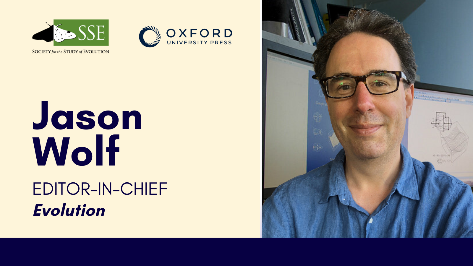 SSE and Oxford University Press logos. Headshot of Jason Wolf. Text: Jason Wolf, Editor-in-Chief, Evolution.